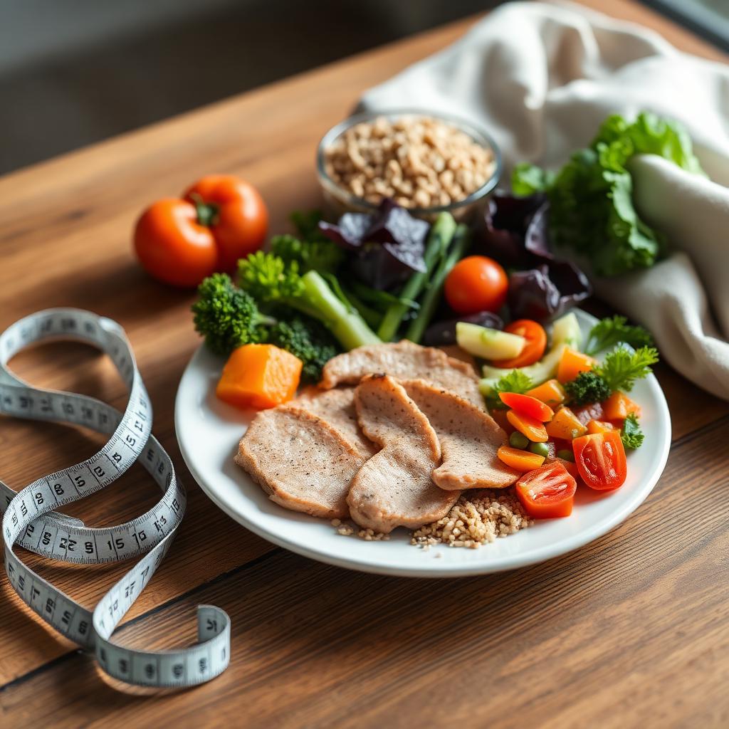 Balanced plate with lean protein and vegetables next to a measuring tape — nutrition-first weight loss support