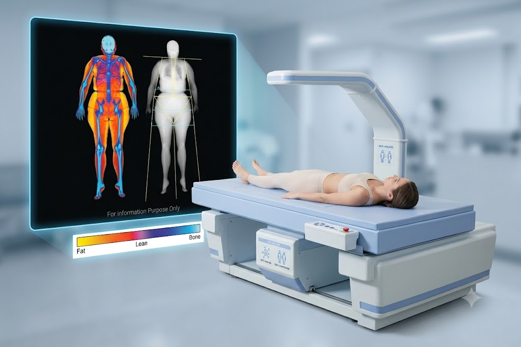 Woman receiving a DEXA body composition scan with fat, lean, and bone results displayed