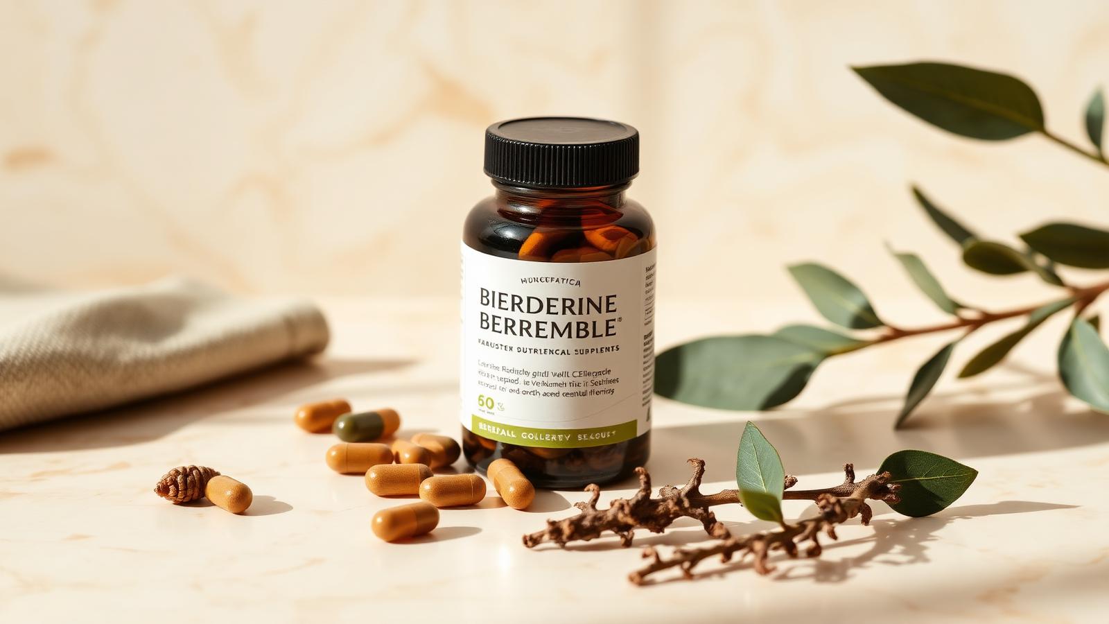 Berberine capsules with botanical roots on marble surface