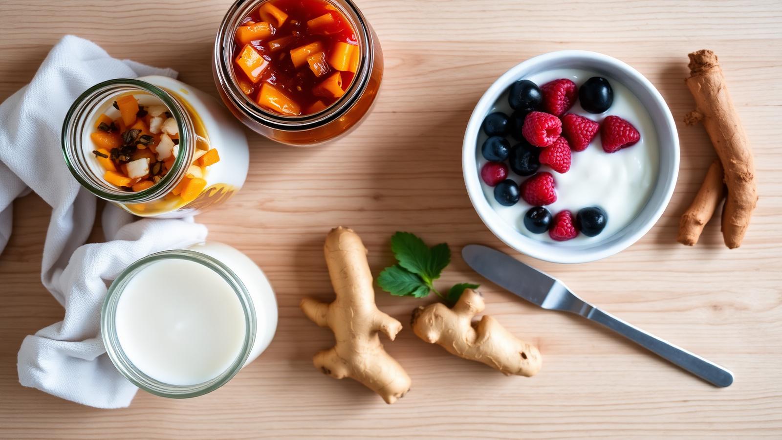 Fermented foods including kefir, kimchi and yogurt with berries
