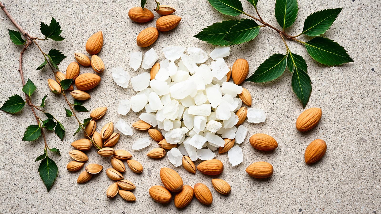Magnesium-rich foods: almonds, leafy greens and mineral crystals